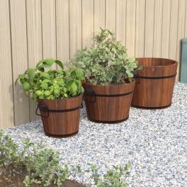 Bucket planter set set of 3 burned wood solid fir wood