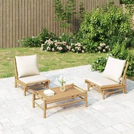 Garden chair bamboo with cream white cushions 23.6 x 33.9 x 28.9 in