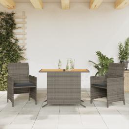 Bistro set gray pe rattan, powder-coated steel, solid acacia wood