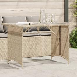 Garden table beige pe rattan, powder-coated steel, tempered glass