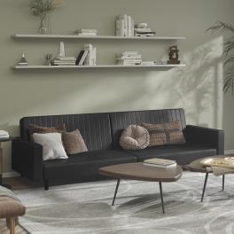 Sofa bed black faux leather, wood, plastic, foam 2-seater
