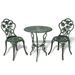Bistro table and chair green cast aluminum decorative inlays