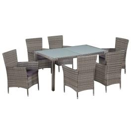 Dining set grey pe rattan, glass, powder-coated steel, polyester