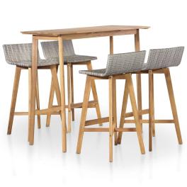 Bar set brown and light gray solid acacia wood, pe rattan medium