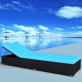 Sunlounger black and blue pe rattan, powder-coated steel, polyester