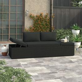 Sun lounger black poly rattan, powder-coated steel