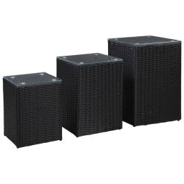 Side tables 3 pcs with glass top black poly rattan