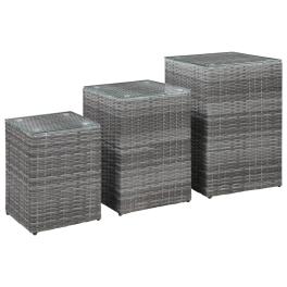 Side table set of 3 gray poly rattan, glass, metal