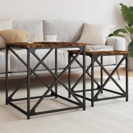 Nesting coffee table set of 2 smoked oak engineered wood and metal