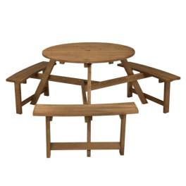 6-person round wooden picnic table with umbrella hole and 3 built-in benches-dark brown