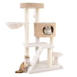 Modern cat tree for indoor cats with cattail fluff condo and top perch-natural