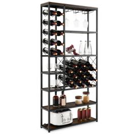Industrial floor wine rack with 3 rows of stemware racks - color: rustic brown