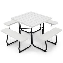 Outdoor picnic table with 4 benches and umbrella hole-white - color: white