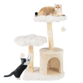 Cute solid wood cat tree natural branch modern flower cat tower with sisal scratching posts-beige - color: beige