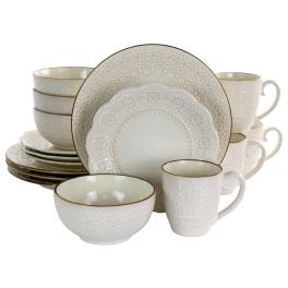 Elama contessa 16 piece embossed scalloped stoneware dinnerware set in ivory