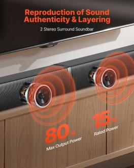 Sound bar for smart tv, 2.0 channel, 32-inch 2 in 1 detachable soundbar tv speakers, with bluetooth hdmi aux usb connection, remote control, 80w surround sound system, for home theater audio