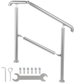 Vevor stainless steel transitional handrail fit for level surface and 2 to 3 adjustable stair indoor outdoor step railings 441lb capacity w/installation kit porch diy, silver