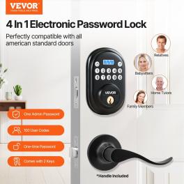 Keyless entry door lock with handle, electronic keypad entry lever, password and key unlock combination, auto-locking keypad with deadbolt, one-time password, for front door, matte black