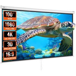 Manual projector screen, 100 inch 16:9 4k 1080 hd retractable pull down projector screen, auto-locking portable movie screen for family home office theater