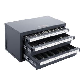 Vevor end mill dispenser cabinet, three-drawer end mill organizer cabinet for 1/8" to 1", steel end mill dispenser organizer cabinet with labels, 29-compartment stackable for end mill storage