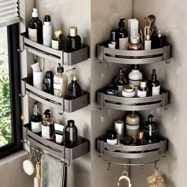 Color: clear - bathroom corner rack punch-free wall-mounted aluminum shampoo bottle storage waterproof bathroom accessories with hook rod