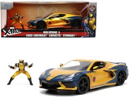 2020 chevrolet corvette c8 stingray gold metallic and dark blue and wolverine diecast figurine "x-men" "marvel" series "hollywood rides" 1/24 diecast model car by jada