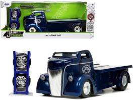 1947 ford coe flatbed truck dark blue metallic with white top "the famous motor cars" with extra wheels "just trucks" series 1/24 diecast model by jada