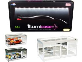 White collectible display show case illumicase+ with led lights and mirror base and back for 1/64 1/43 1/32 1/24 1/18 scale models by illumibox