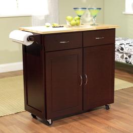 43-inch w portable kitchen island cart with natural wood top in espresso