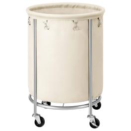 Round 45-gallon laundry basket hamper w/ cream fabric bag steel frame on wheels