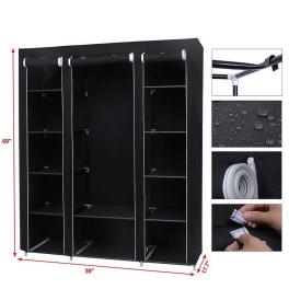69" portable clothes closet wardrobe storage organizer with non-woven fabric quick and easy to assemble extra strong and durable black