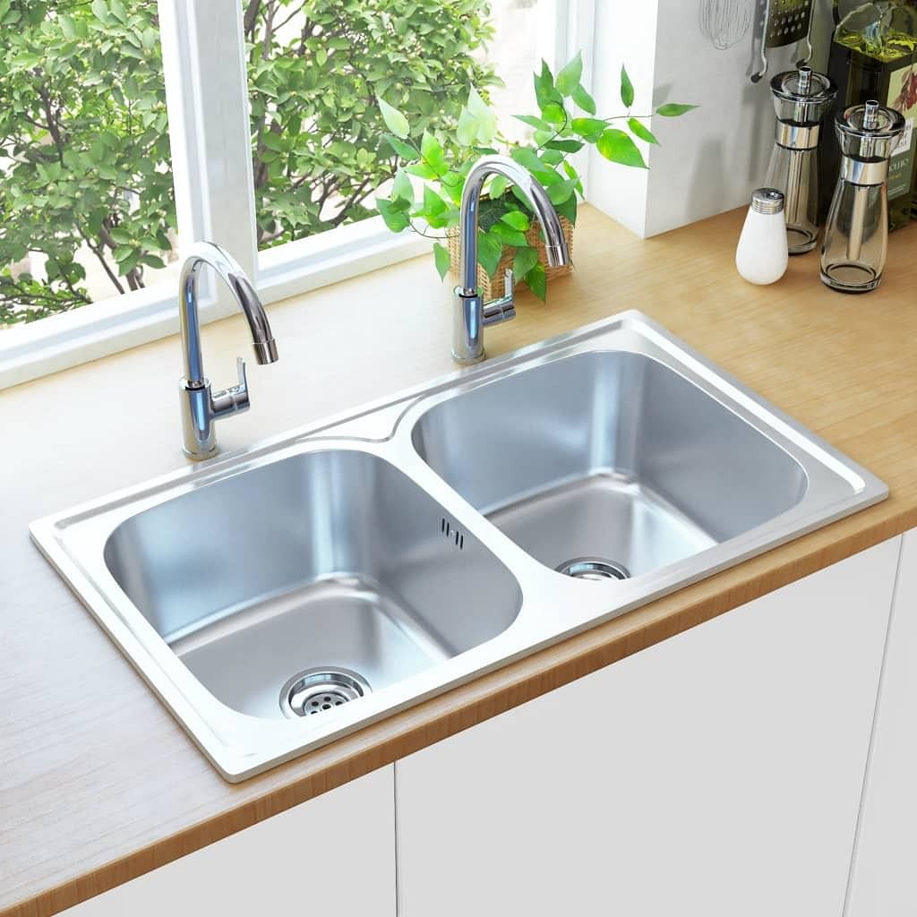 Kitchen sink double basin with strainer stainless steel