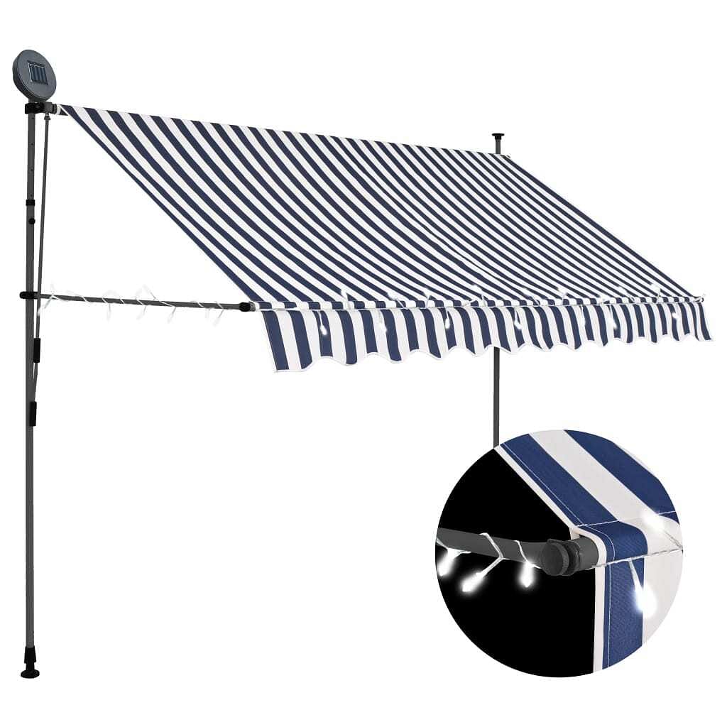 Retractable awning blue and white polyester with pu coating, steel