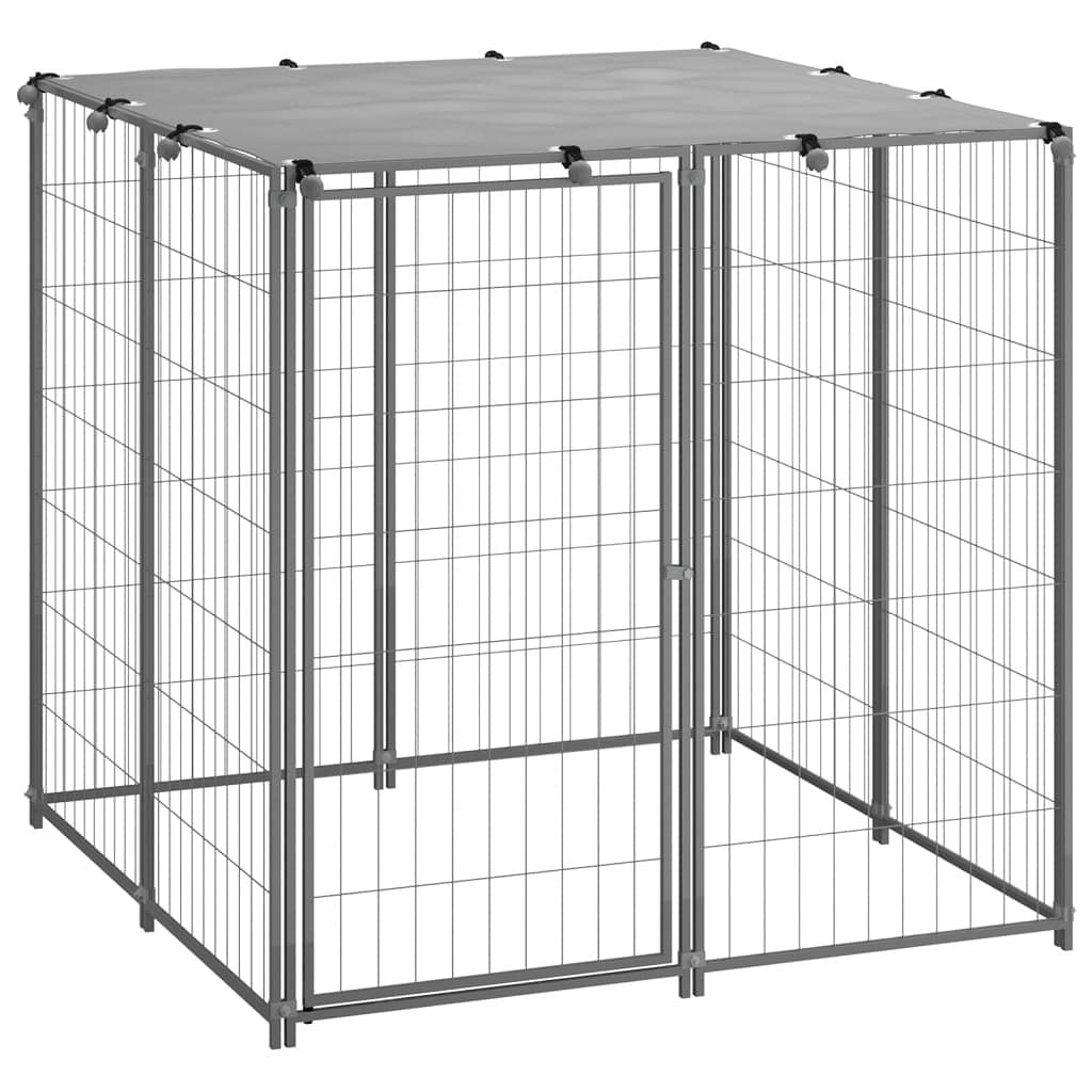 Dog kennel silver and grey steel, polyethylene (pe) 43.3 in