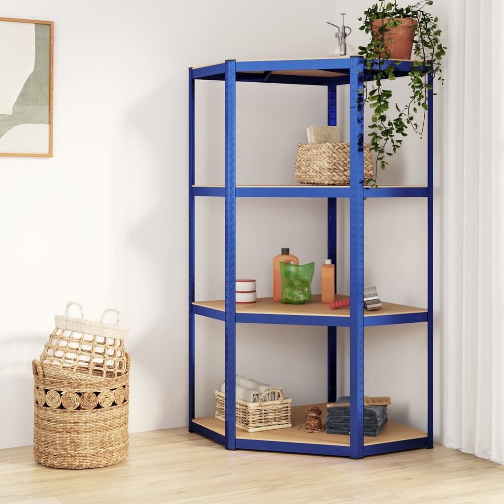 4-layer corner shelf blue steel&engineered wood
