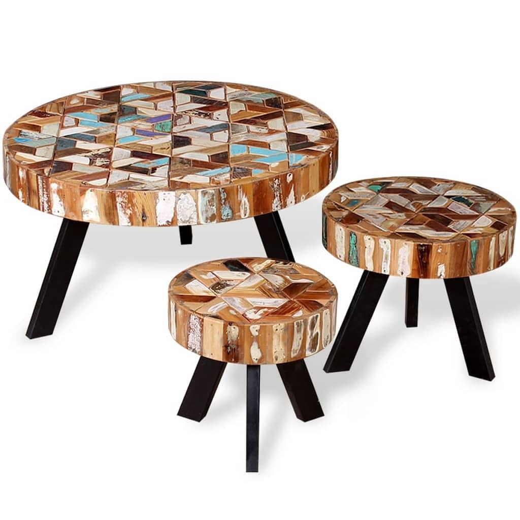 Coffee table set of 3 multicolor solid reclaimed wood