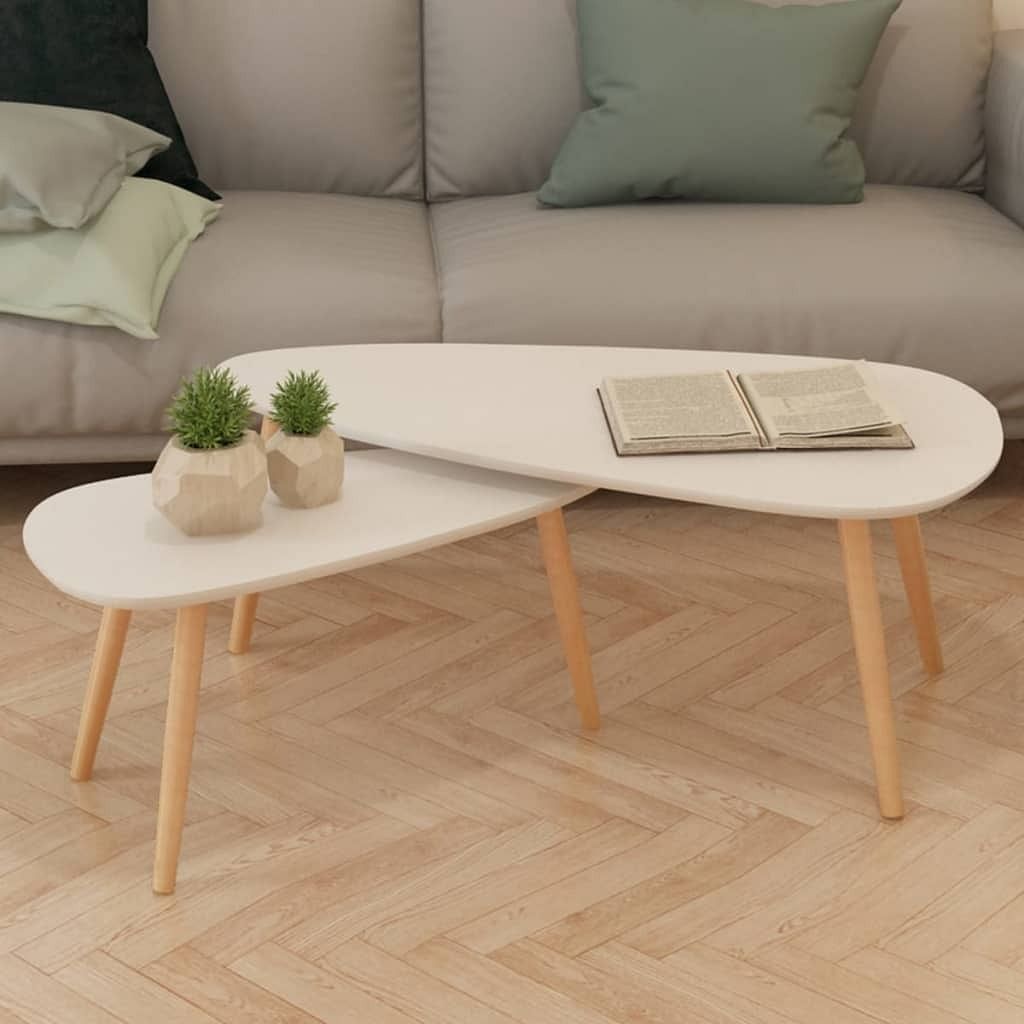 Coffee table set of 2 white solid pinewood, mdf medium durable