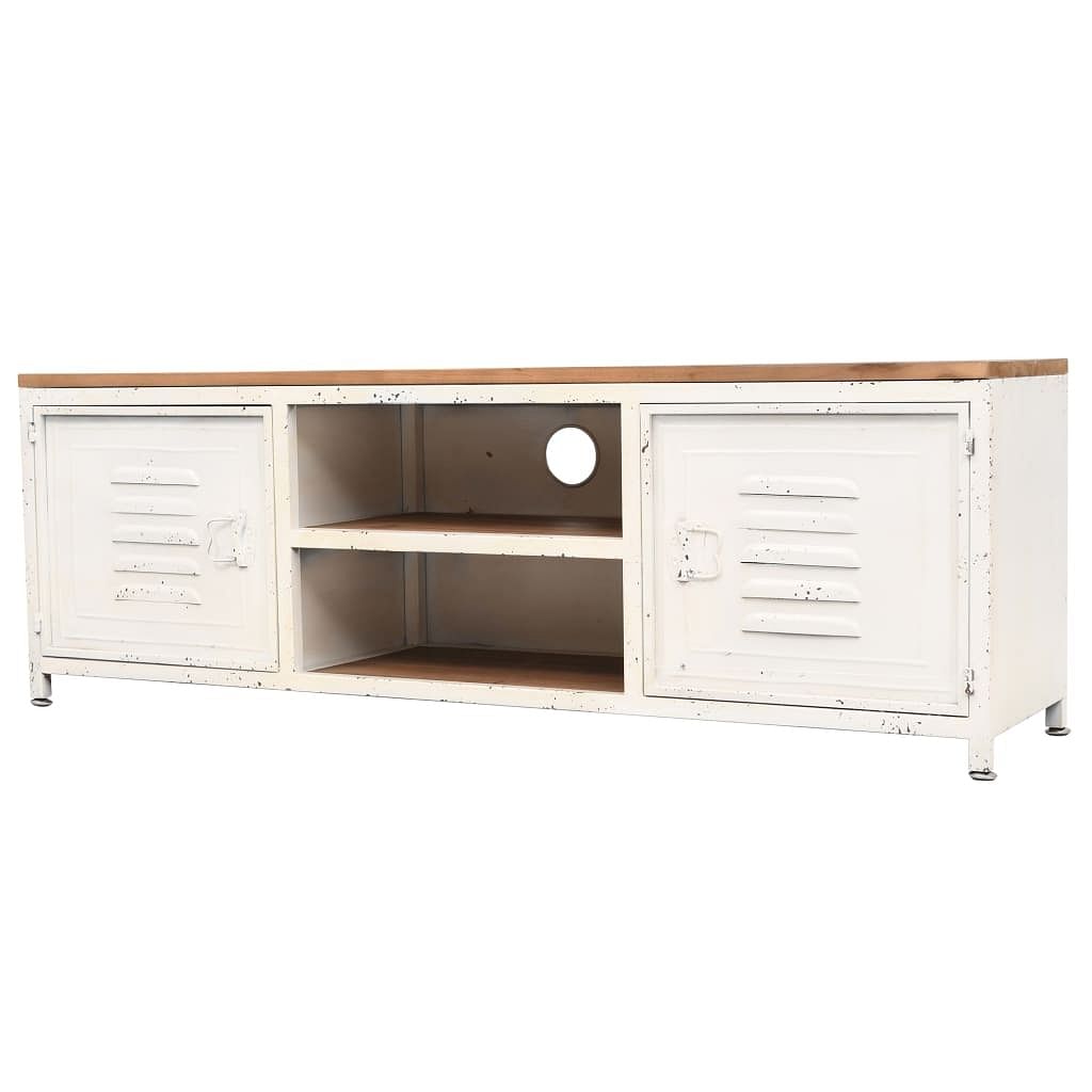 Tv stand white and brown galvanized steel and solid fir wood small