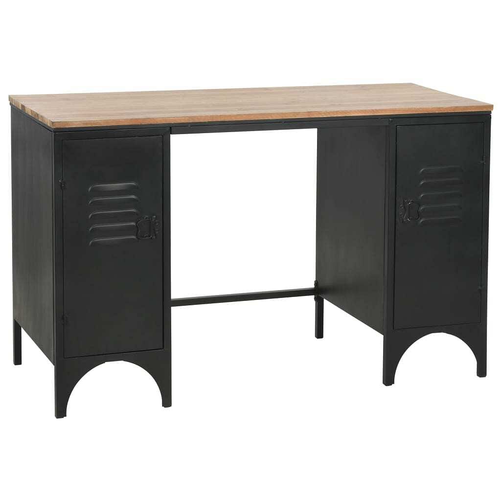 Double pedestal desk black and natural wood solid firwood and steel