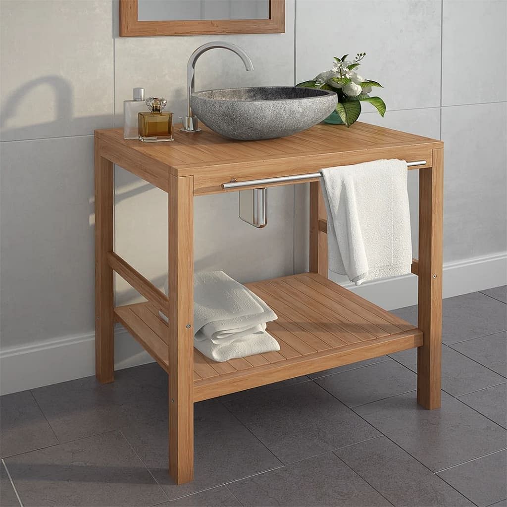 Bathroom cabinet warm wood color solid teak wood, steel medium