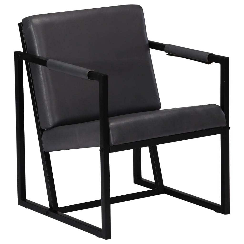 Armchair grey real leather, powder-coated steel single simple