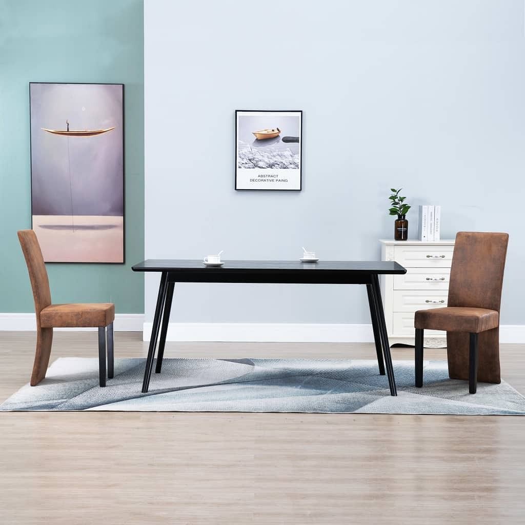 Dining chair set of 2 brown faux suede leather, solid wood