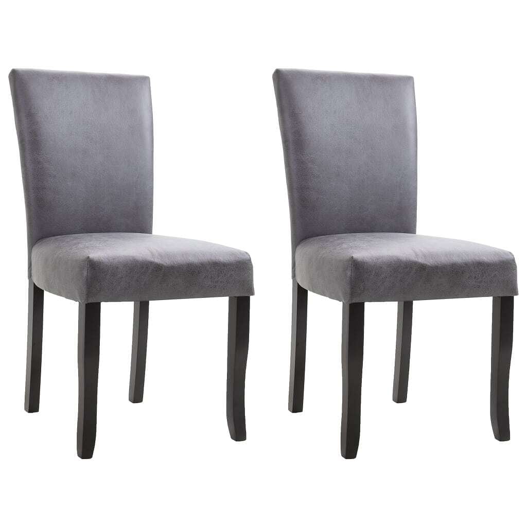 Dining chair set of 2 gray faux suede leather, wood standard