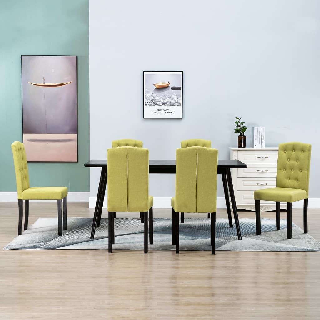 Dining chair set of 6 green fabric and solid rubber wood standard