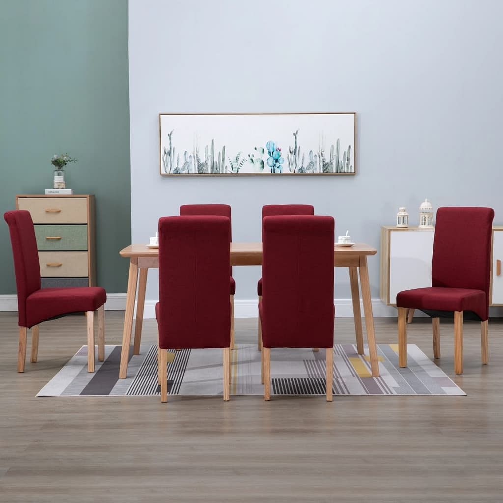 Dining chair set of 6 red fabric and wood standard ergonomic