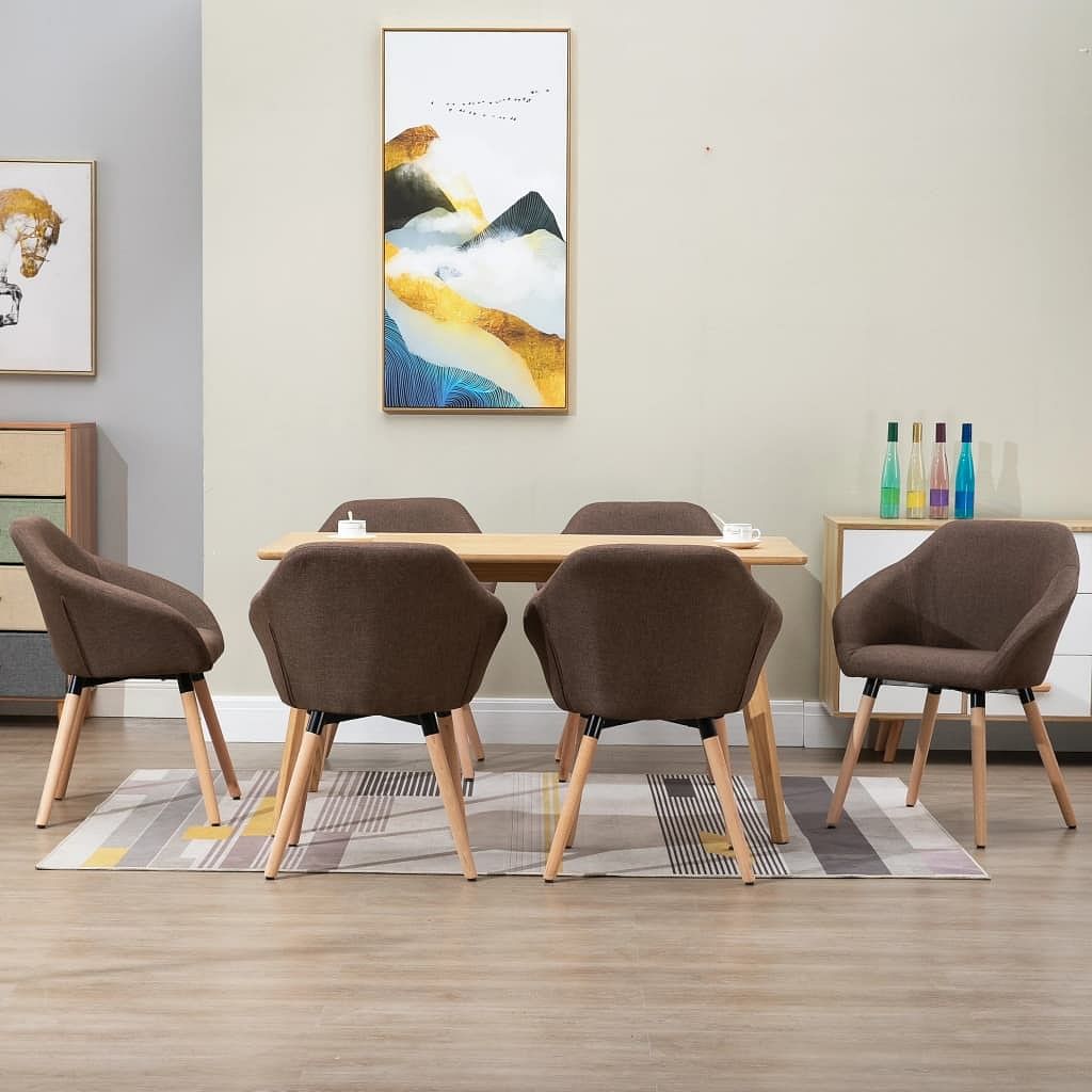 Dining chair set of 6 brown polyester fabric and solid wood