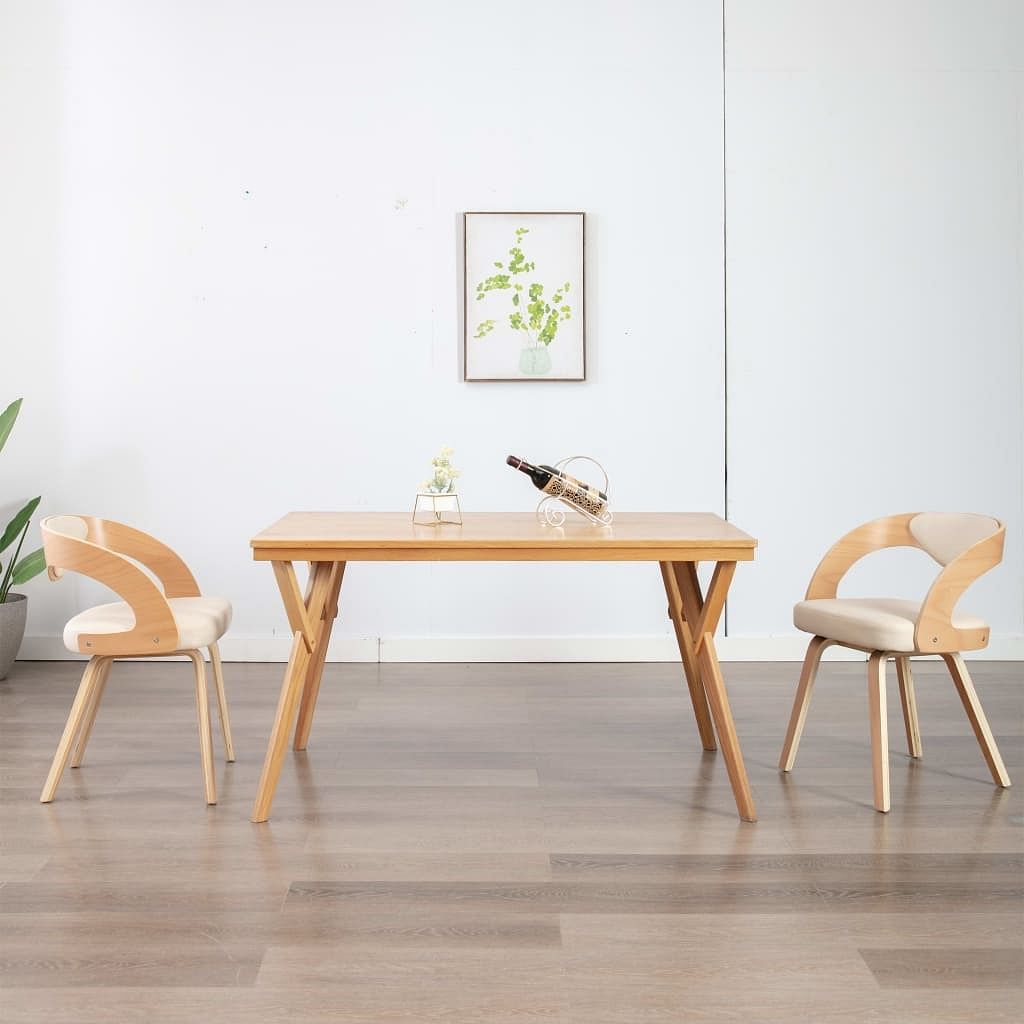 Dining chair set of 2 cream and light brown faux leather, bentwood