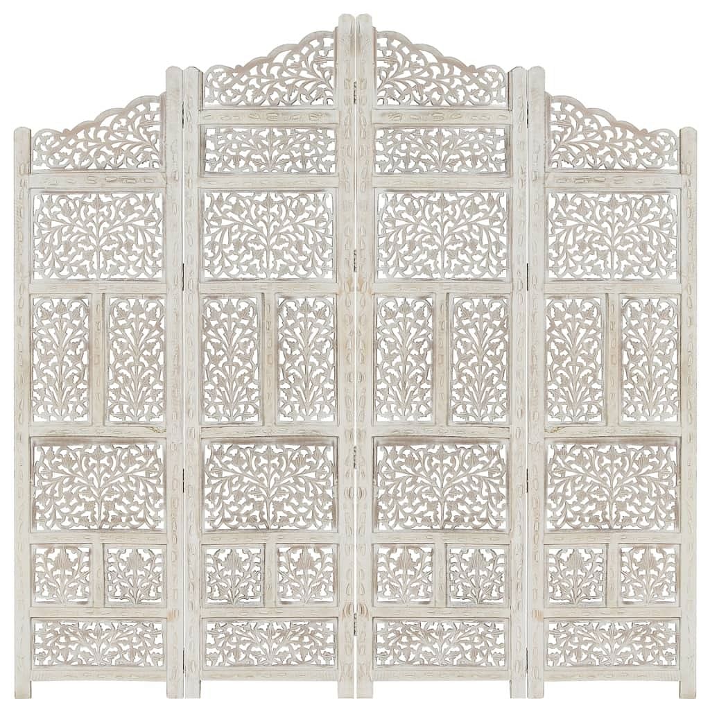 Hand carved 4-panel room divider white 63"x65" solid mango wood