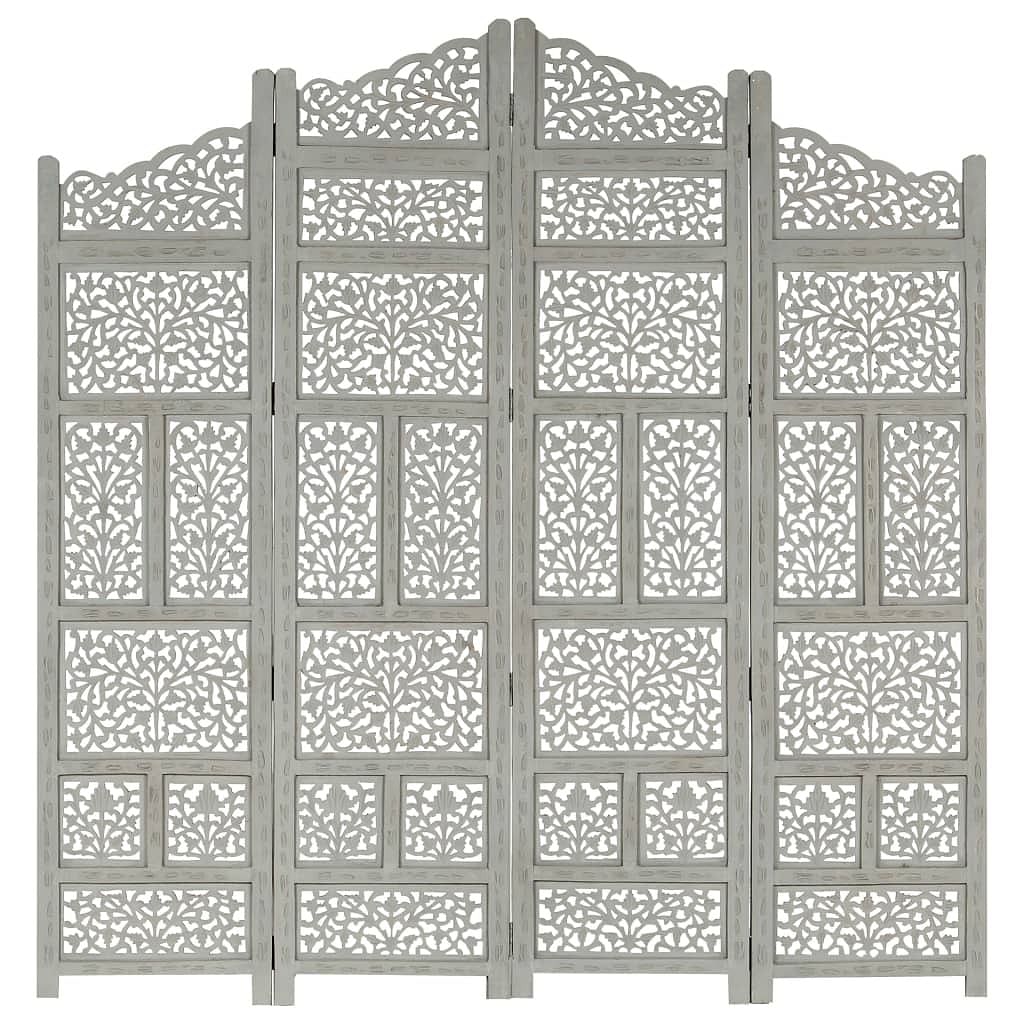 Hand carved 4-panel room divider gray 63"x65" solid mango wood