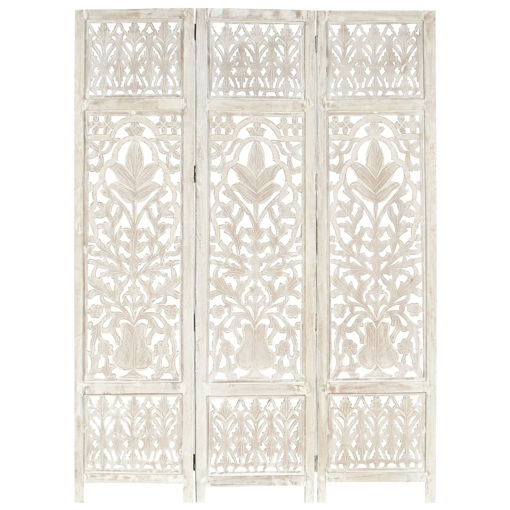 Hand carved 3-panel room divider white 47.2"x65" solid mango wood